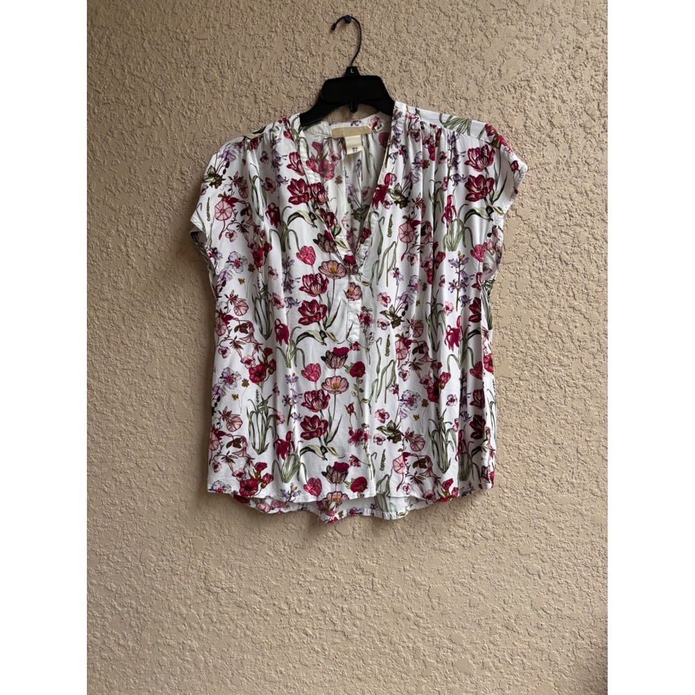 HM LOGG Women White Floral V-Neck Short Sleeve Viscose Blouse Top Size 10 L
